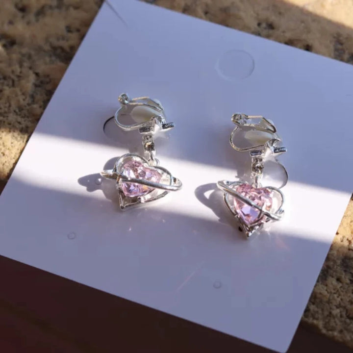 Pink Zirconia Heart Clip on Earrings