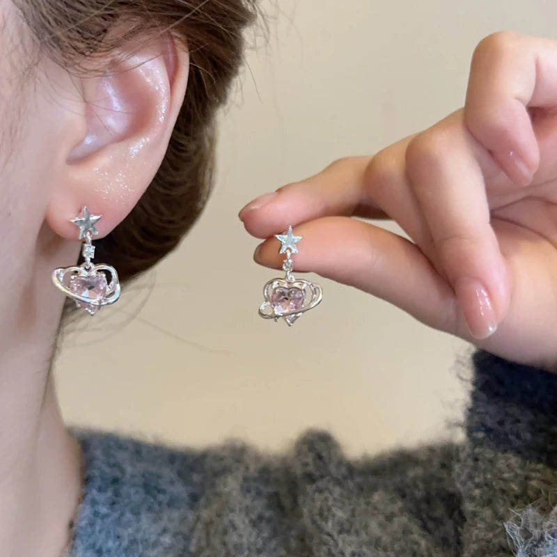 Pink Zirconia Heart Clip on Earrings