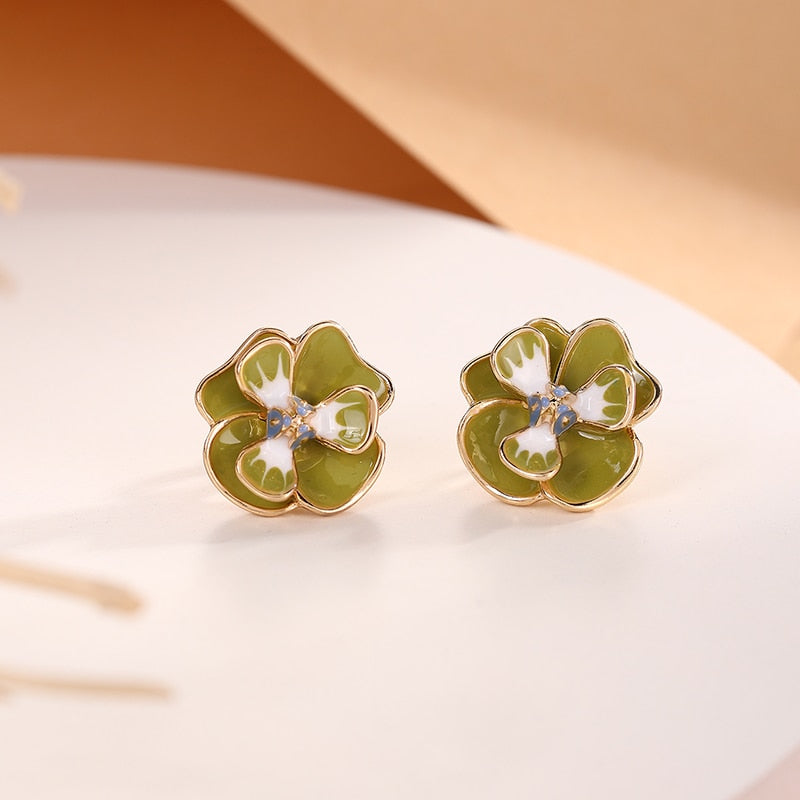 Pink and Green Flower Clip on Earrings