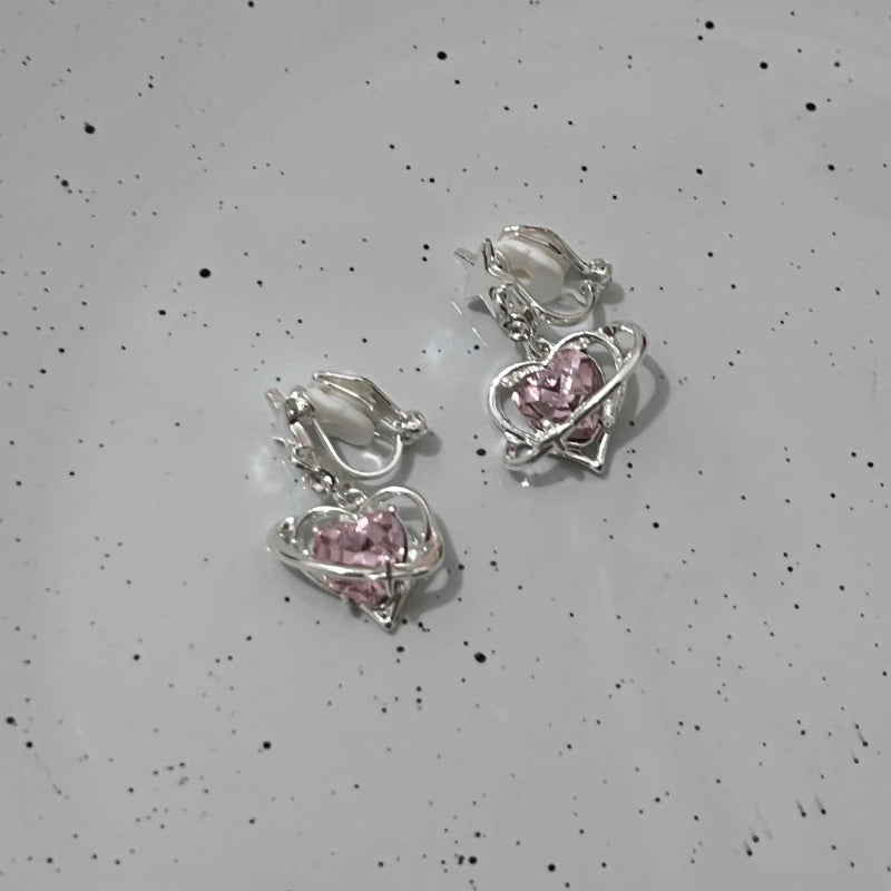 Pink Zirconia Heart Clip on Earrings