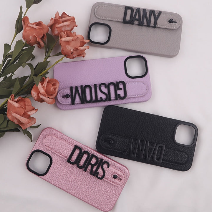 Personalised Name Genuine Leather iPhone Case with Holding Strap for iPhone 14