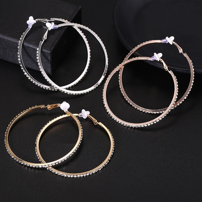 Large 60mm Crystal Hoop Clip on Earrings