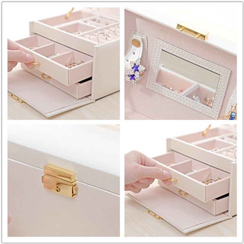 3-layers Jewellery Box with Mirror Large Capacity Jewellery Casket Makeup Organizer Earring Holder Makeup Storage