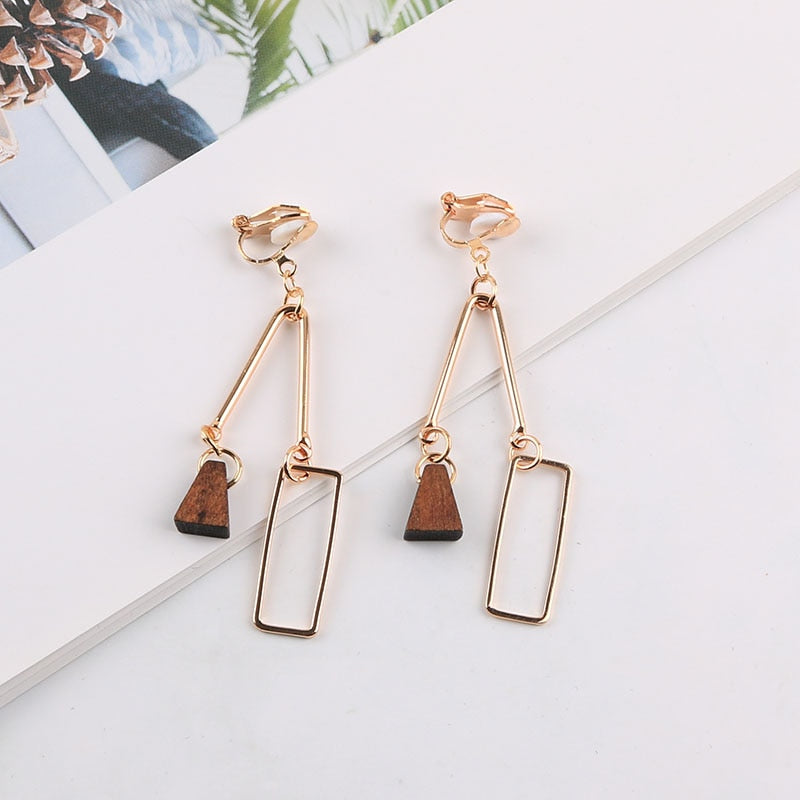 Natural Wood Asymmetric Clip on Earrings